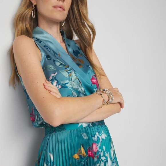 WHBM $190 Sleeveless Shawl Neck Pleated Midi Dress GORGEOUS COLOR! 10 12 - Picture 3 of 9